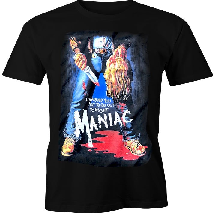 screenprinted unisex black t-shirt with poster art from the classic 1980 horror movie Maniac