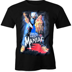 screenprinted unisex black t-shirt with poster art from the classic 1980 horror movie Maniac