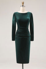 Dark Green Sheath Velvet Ruched Midi Work Dress with Long Sleeve