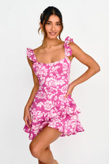 Moonlit Moment Ruffle Trim Lace-Up Back Dress Floral Pink