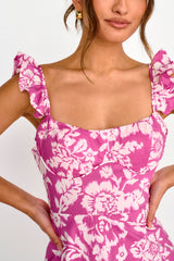 Moonlit Moment Ruffle Trim Lace-Up Back Dress Floral Pink