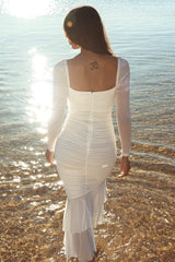 Nadia Long Sleeve Fishtail Midi Dress White