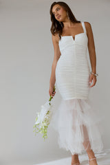 Nadia Tulle Hem Ruched Maxi Dress White