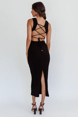 Jennine Lace-Up Back Midi Dress Black