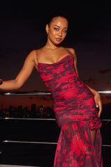 Stole The Show Ruched Mesh Maxi Dress Floral Red