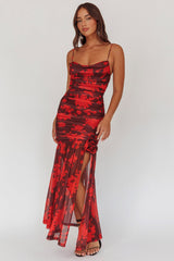 Stole The Show Ruched Mesh Maxi Dress Floral Red