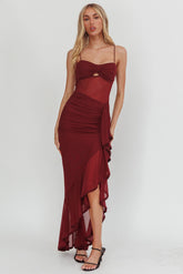 Kamilah Sheer Waist Ruched Ruffle Maxi Dress Wine