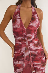 Kamilah Ruched Ruffle Maxi Dress Floral Red