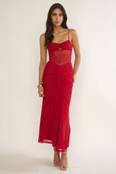 Kamilah Ruched Sheer Waist Maxi Dress Red