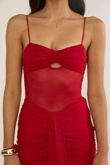 Kamilah Ruched Sheer Waist Maxi Dress Red
