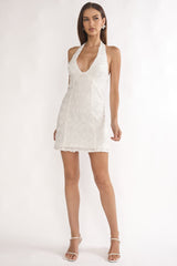 Averina Rosette Halterneck Mini Dress White