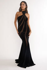 Azelia Velvet Mesh Maxi Dress Black