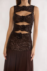 Dioris Rosette Cut-Out Sequin Maxi Dress Sequin Choco