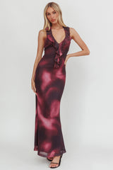 Live Loud Ruffle Halterneck Maxi Dress Print Brown