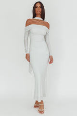 Flutters Off-Shoulder Long Sleeve Maxi Dress White