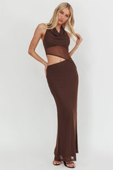 Playing Games Cut-Out Cowl Halter Dress Chocolate