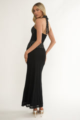 Swan Halterneck Ruched Waist Maxi Dress Black