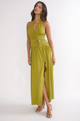 Nightbloom Ruched Waist Halter Maxi Dress Olive
