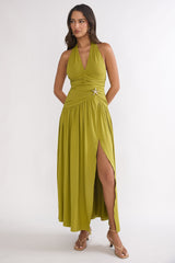 Nightbloom Ruched Waist Halter Maxi Dress Olive