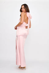Andria Halterneck Bow Satin Maxi Dress Blush