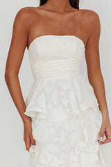 Giavana Strapless Layered Midi Dress Floral Embossed Cream