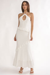 Clemence Smocked Frill Trim Maxi Dress White