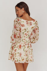 Lucky One Balloon Sleeve Mini Dress Floral Beige