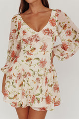 Lucky One Balloon Sleeve Mini Dress Floral Beige