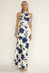 Elowis Cowl Halterneck Maxi Dress Floral Beige