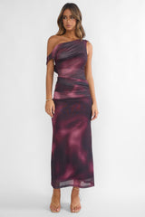 Saffra Shoulder Sash Ruched Maxi Dress Print Wine