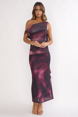 Saffra Shoulder Sash Ruched Maxi Dress Print Wine