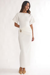 Briona Short Sleeve Buckle Maxi Dress White