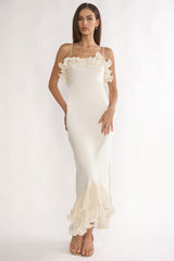 Okay, Cupid Low Back Ruffle Trim Maxi Dress Oyster