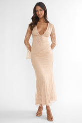 Lysandra Flared Cuff Maxi Dress Lace Beige