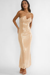 Roselyn One-Shoulder Sequin Maxi Dress Latte