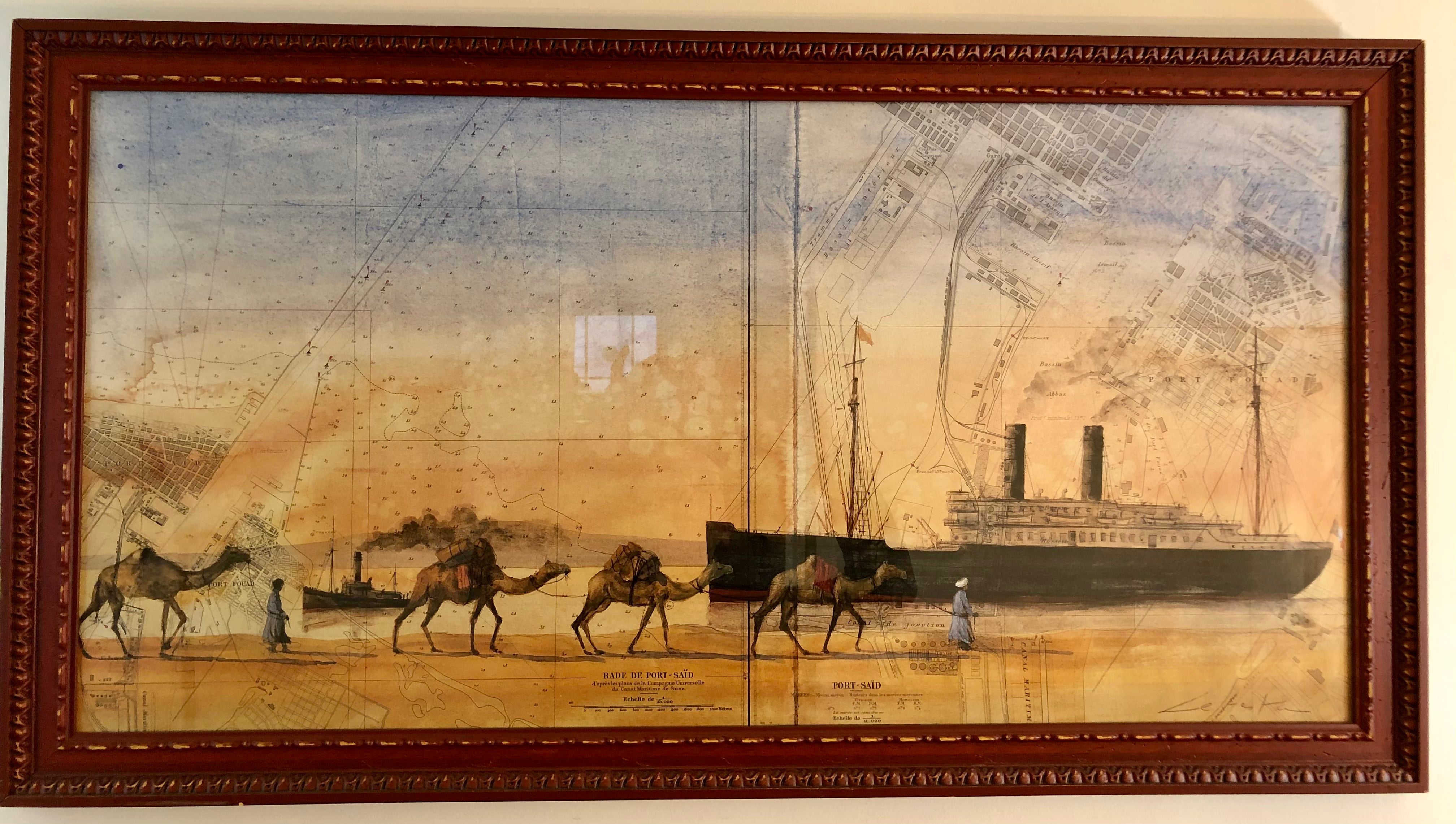 Tableau peinture bateau marine impression offset encadré Port Said Egypte par Letestu