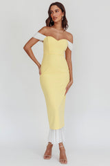 Freesia Off Shoulder Bodycon Midi Dress Lemon