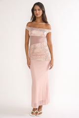 Bellora Off-Shoulder Sequin Trim Maxi Dress Nude