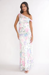 Lylah Asymmetric Neckline Mesh Maxi Dress Floral Blue