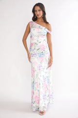 Lylah Asymmetric Neckline Mesh Maxi Dress Floral Blue