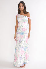 Lylah Asymmetric Neckline Mesh Maxi Dress Floral Blue