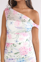 Lylah Asymmetric Neckline Mesh Maxi Dress Floral Blue