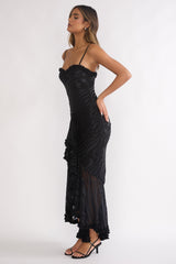 Everine Ruched Frill Trim Maxi Dress Black
