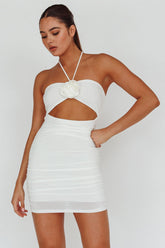 Ca Va Ruched Rose Accent Mini Dress Off White