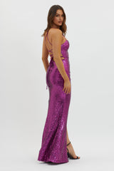 Starry Eyes Lace-Up Back Sequin Maxi Dress Magenta