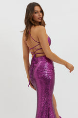 Starry Eyes Lace-Up Back Sequin Maxi Dress Magenta