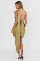 Awaken One-Shoulder Halter Mini Dress Sage