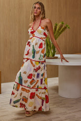 Asiah Gathered Bust Halterneck Maxi Dress Print White