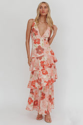 Veda Strappy Back Ruffle Maxi Dress Poppies Red