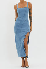 Catriona Ruffle Split Midi Dress Denim